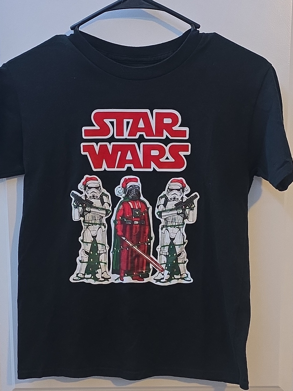 Star Wars Darth Vader Santa Hat Stormtroopers Graphic Black T-Shirt Youth Med